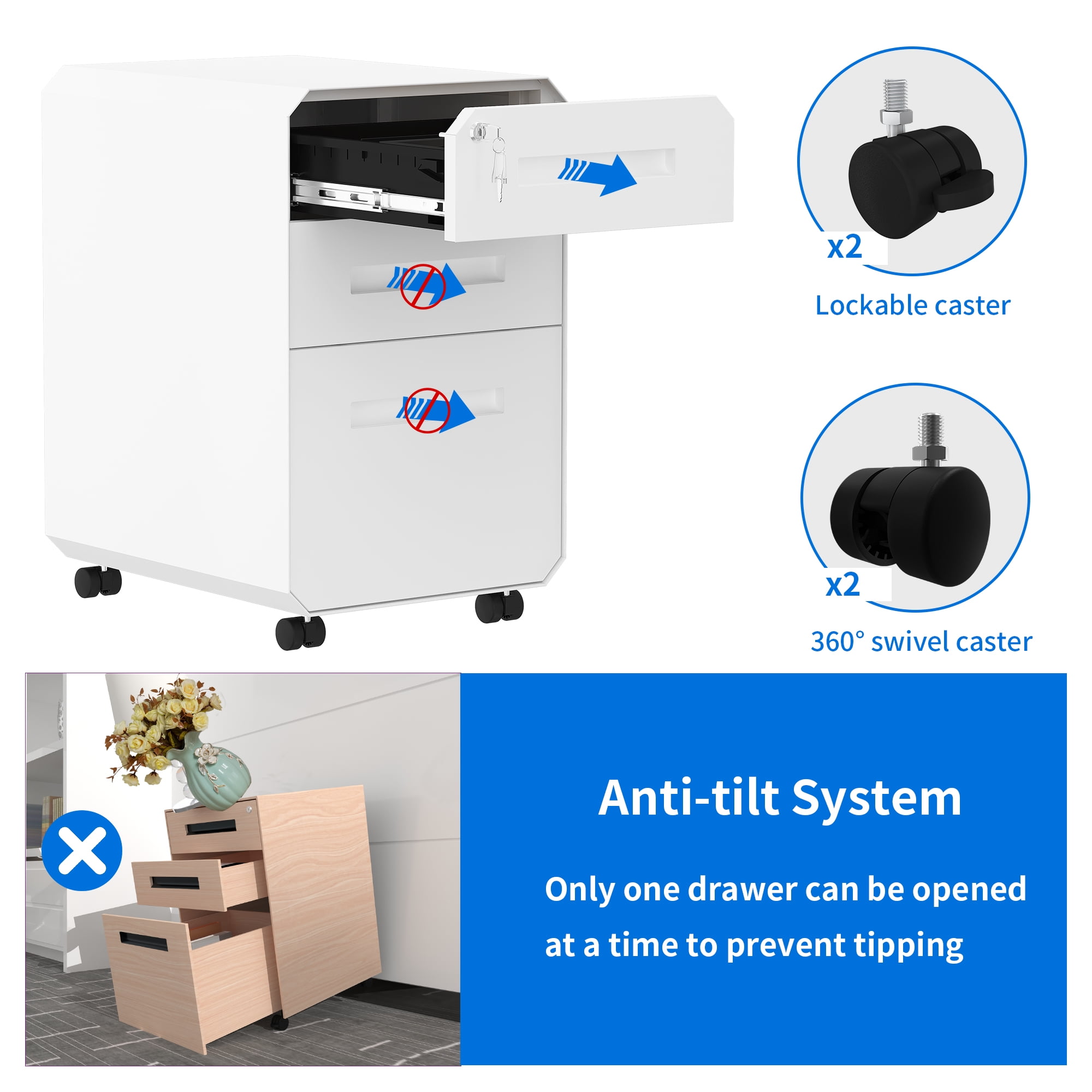 Dextrus 3-Drawer Metal Filing Cabinet, Pre-Assembled Portable File Cabinet with Lock, Divider and Pencil Tray, White