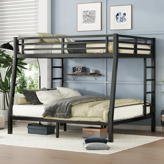 Bellemave Full XL over Queen Bunk Bed with Storage, Heavy Duty Metal Bunk Bed with 2 Ladders and Guardrails Space Saving Noise Reduced Queen Bunk Bed for Adults, Teens, Black