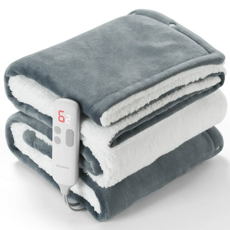 MaxKare 50 x 60 Electric Throw Blanket with 6 Heating Levels & 1-5H Auto-off Machine Washable Flannel & Sherpa Gray & White