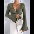 thumbnail image 4 of Camiseta de Larga Ajustada con Cuello en V Acanalado para Mujer, Top Informal de Moda con Mangas Acampanadas. Verde XL, 4 of 8