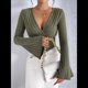 thumbnail image 4 of Camiseta de Larga Ajustada con Cuello en V Acanalado para Mujer, Top Informal de Moda con Mangas Acampanadas. Verde S, 4 of 8