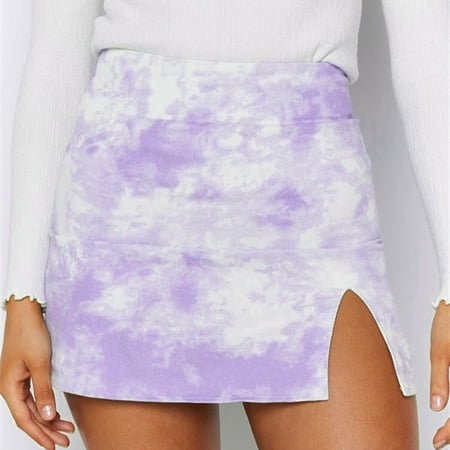 

Herrnalise Women s Casual Mini Skater Skirt Autumn Women s Tie-dye Printed Slit Slim Bag Hip Skirt