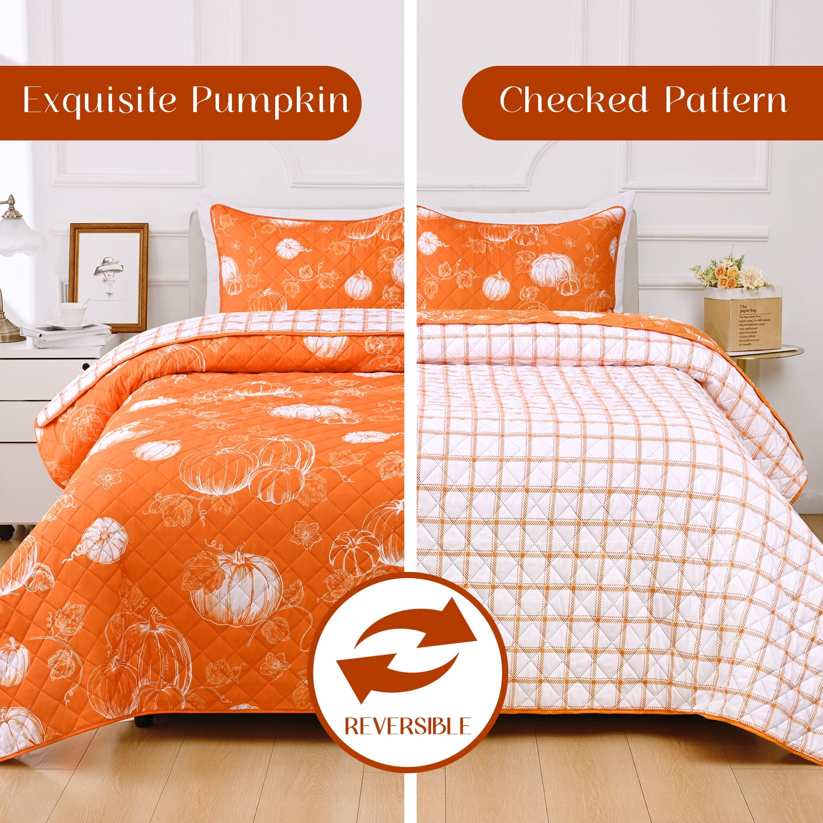BLEUM CADE 3 Pieces Fall Quilt Set King with 2 Pillow Shams, Thanksgiving Reversible Bedding Set Pumpkins Quilt Set, Soft Lightweight Bedspread Coverlet Set