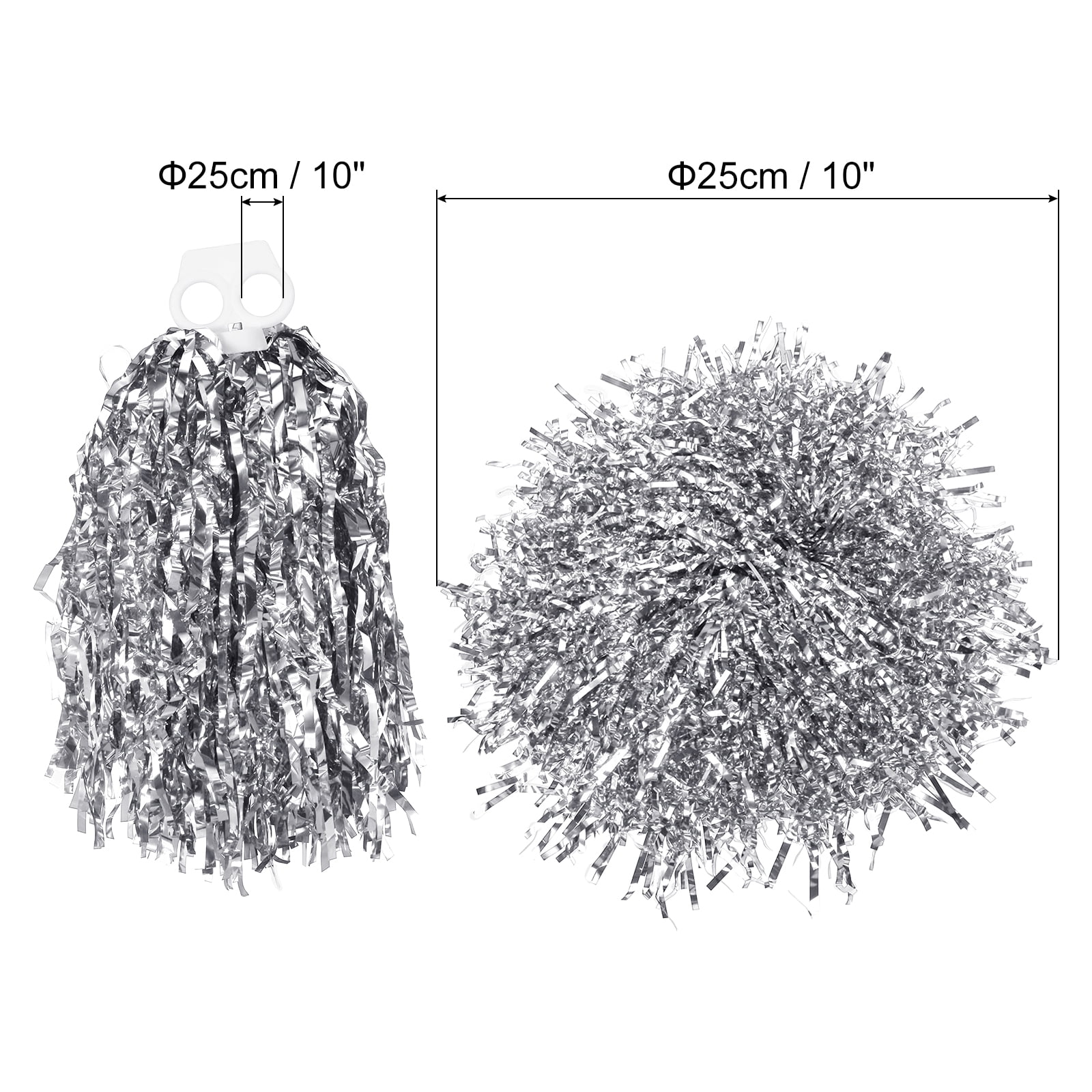 Cheerleading Pom Poms with Finger Holes Metallic Foil Cheering Hand Flower, Silver, 12 Pack