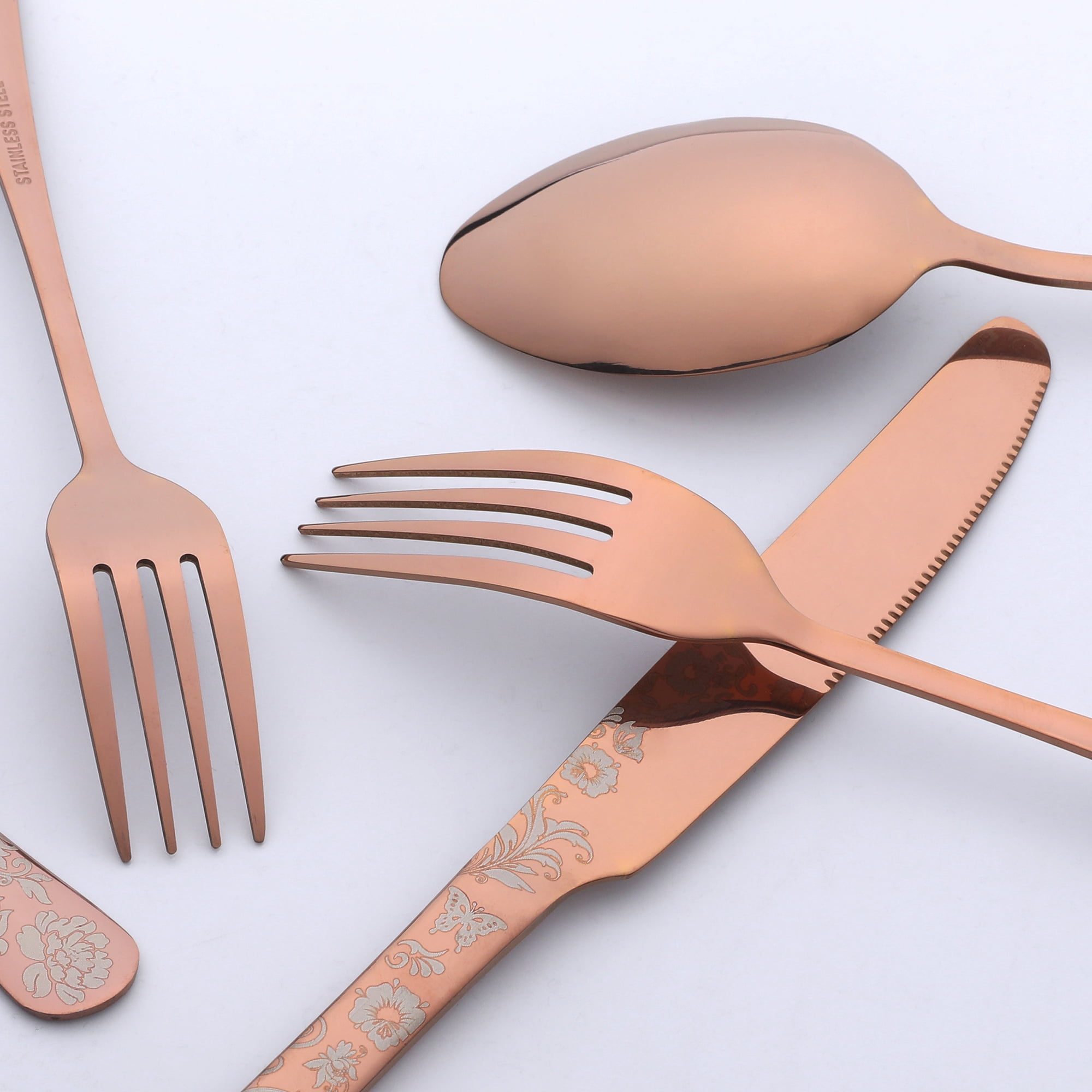 Unique Bargains 30-Pieces Floral Stainless Steel Flatware Set for 6 Black