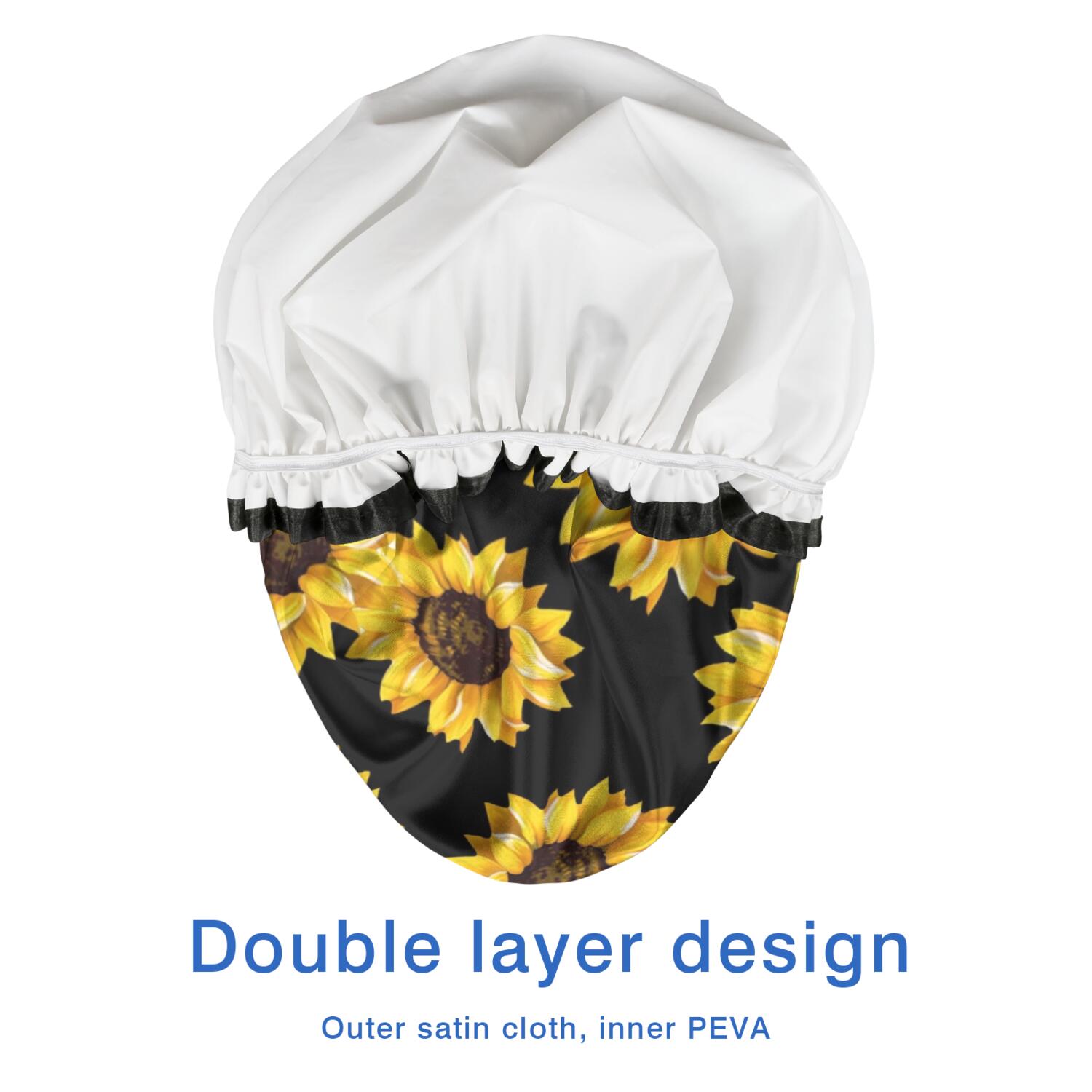 Shower Caps,Black Yellow Sunflower Pattern Waterproof Shower Cap for Women 4 Pieces,Double Reusable Hair Cover for Shower PEVA Elastic Stretch Hem