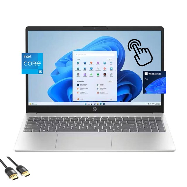 HP 15.6" HD Touchscreen Laptop, 10-Core Intel Core i5-1235U, 16GB RAM, 512GB SSD, KeyPad, WebCam, HDMI, USB-C, Win 11 Pro, PDG HDMI Cable, US Version KB, Natural Silver