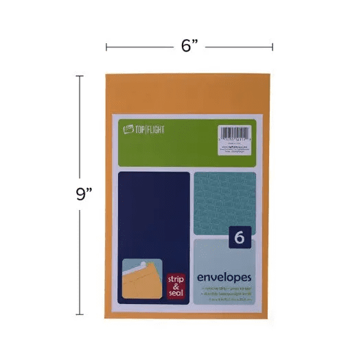 Top Flight Kraft Strip & Seal Envelopes, 6" x 9", Open End, 6 Per Pack