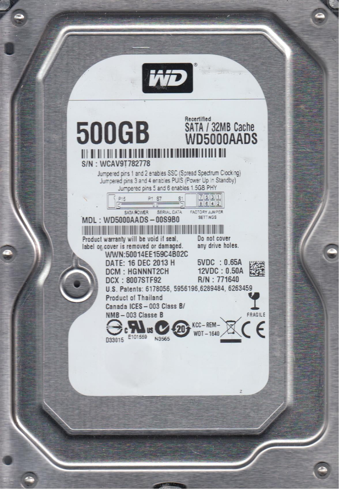 WD5000AADS-00S9B0, DCM HGNNNT2CH, Western Digital 500GB SATA 3.5 Hard ...