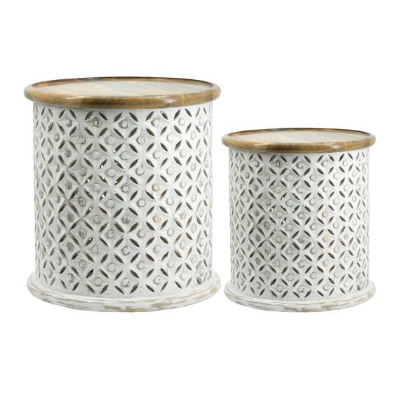 Square Design Jali Cutting Side Table - White Wash Base - Natural Top - Set of 2
