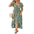 thumbnail image 1 of Robe Boho Longue d'Été pour Femmes à Manches Courtes et Col V Ourlet Irrégulier Cravate Robe Florale, 1 of 6