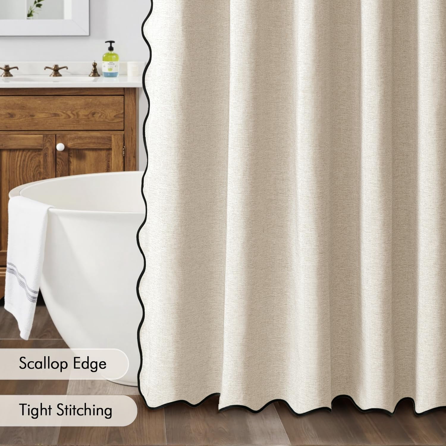 Beige Scalloped Shower Curtain Linen Textured with 12 Metal Hooks Cute Heavy Duty Washable Waterproof Neutral Thick Cloth Shower Curtains with Black Border for Bathroom Bathtub,W72*L72 Cream