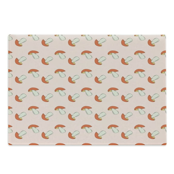 Mushroom Cutting Board, Cartoon Style Mushrooms Background in Doodle Vegetables Floating, Decorative Tempered Glass Cutting and Serving Board, in 3 Sizes, by Ambesonne