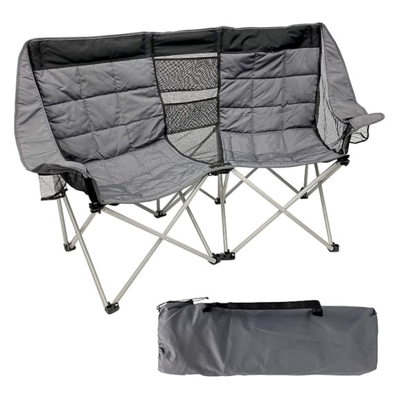 Camping Chair - Double Love Seat Heavy Duty Oversized - Folds Easily and is Padded, Black Grey