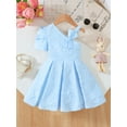 thumbnail image 4 of Mikrdoo 7 Years Big Girls' Summer Dress 4Y,5Y,6Y,7Y Blue Embossed Textured Fabric One-Shoulder Bow Decorate Puff Sleeves Casual Cute Dress, 4 of 9