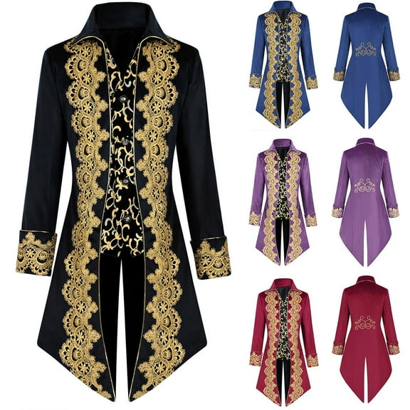 Jinhomg Men's Plus Size Medieval Tailcoat Embroidery Vintage Gothic Steampunk Tuxedo Halloween Lapel Collar Buttons Long Coats
