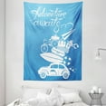 thumbnail image 1 of Adventure Tapestry, Adventure Awaits Quote with Summer Holiday Items Surfboard Old Car Art Print, Wall Hanging for Bedroom Living Room Dorm Decor, 60W X 80L Inches, Blue White, by Ambesonne, 1 of 2