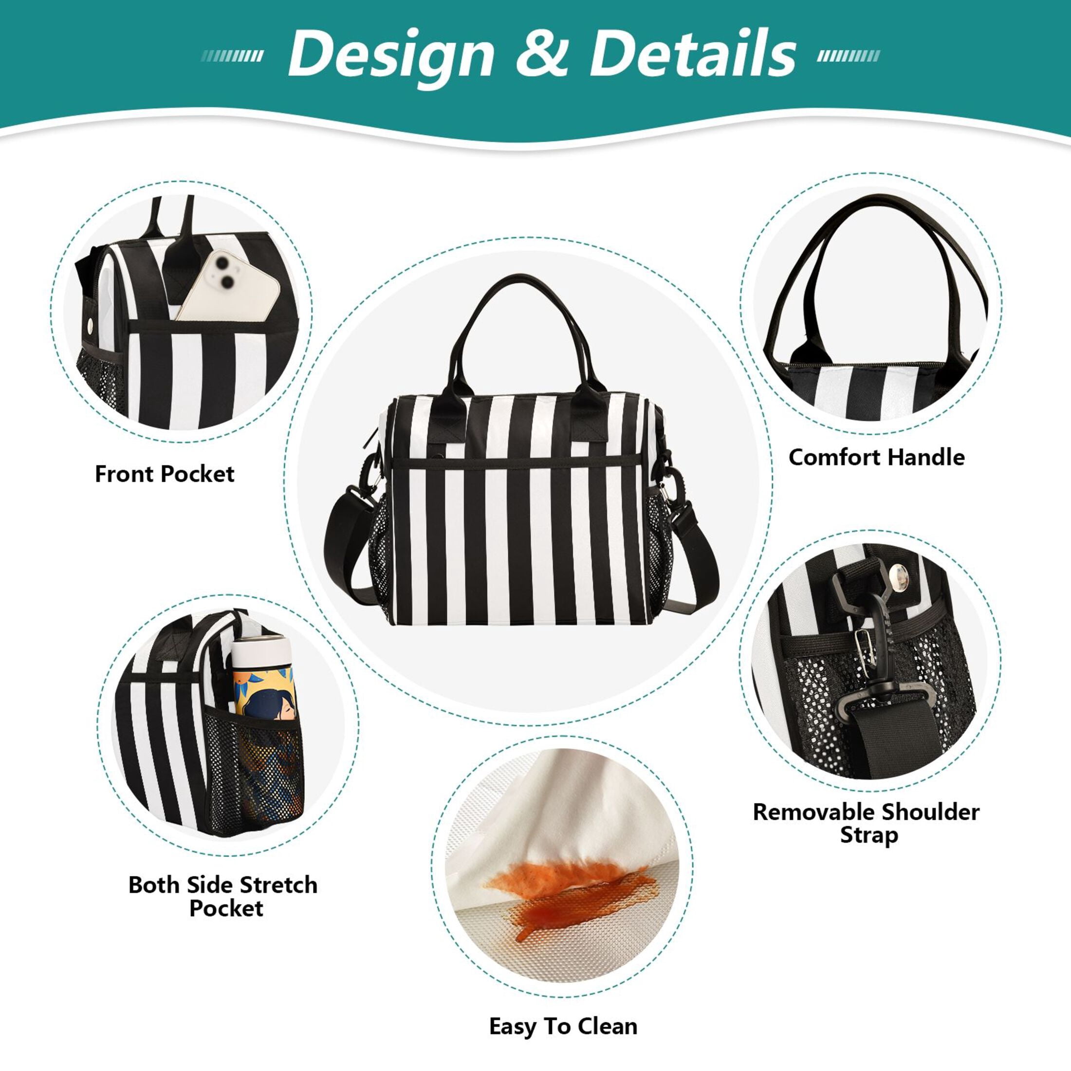 Lunch Bag Insulated Lunch Box Leakproof Reusable Cooler Tote Adjustable Shoulder Strap for Men Women Black and White Striped 12L