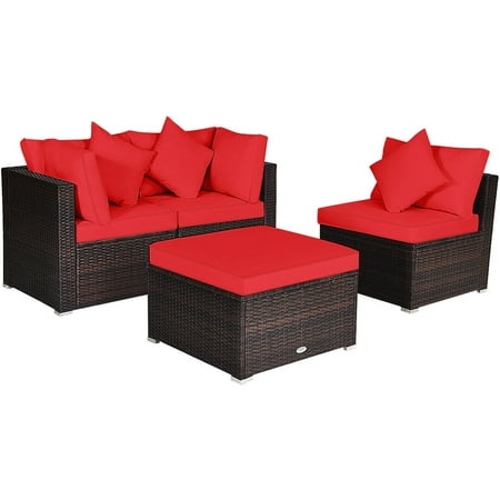 Gymax 4pcs Rattan Patio Conversation Furniture Set Yard Outdoor W Red Cushion Canada Gymax 4pcs Rattan Patio Conversation, How To Clip Rattan Furniture Together