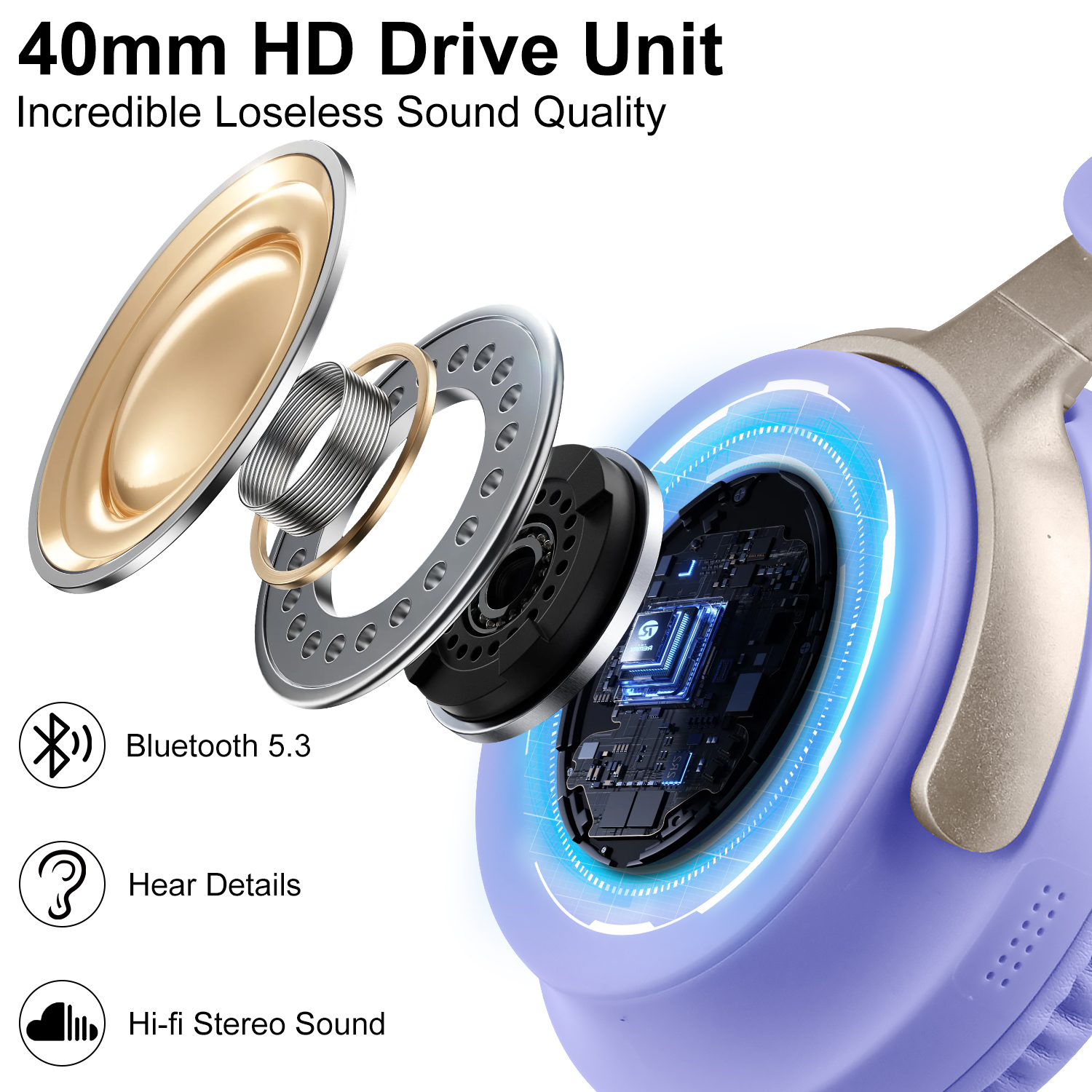 Ailkin Bluetooth Over-Ear Headphones with Noise Cancelling, Purple photo 5