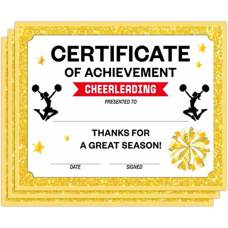 Cheerleading Certificate of Achievement, Gold Foil Blank Award Paper, Set of 25 Competition Certificates of Achievement, Recognition for Honor Student Kid Teen Adult Cheerleading, 15