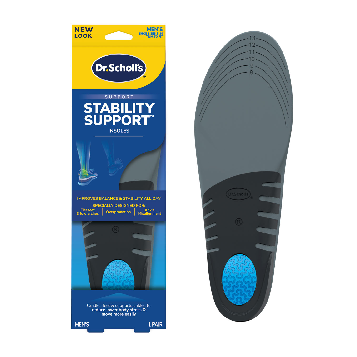 Dr. Scholl's Stability Support Insoles Flat feet & Overpronation, Low Arch Support, Men 8-14, 1 Pair
