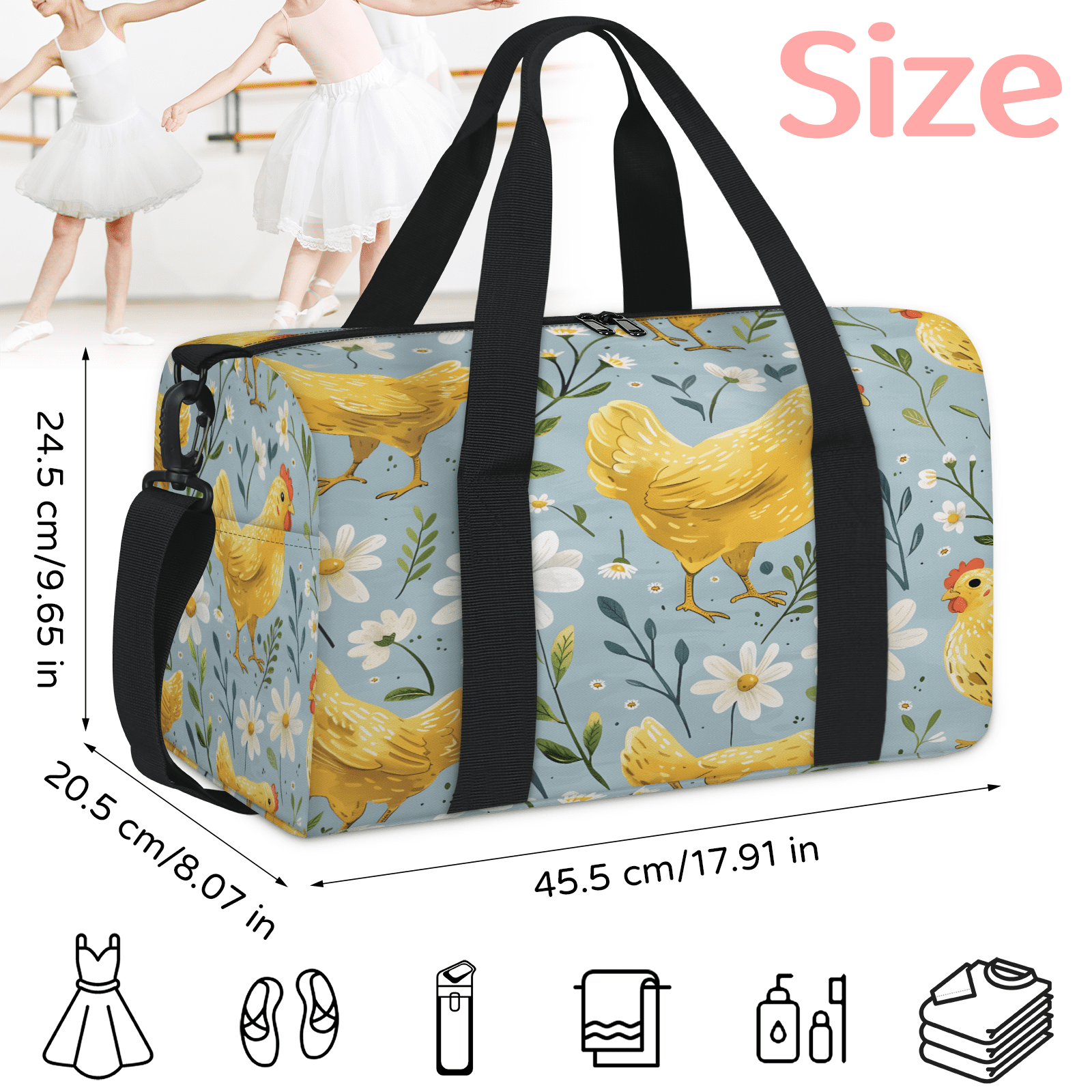 Herdesigns Chicken Travel Duffle Bag Sports Yoga Weekender Overnight Carry on Workout Bags Lightweight Waterproof Gym Tote Bag for Women Flower