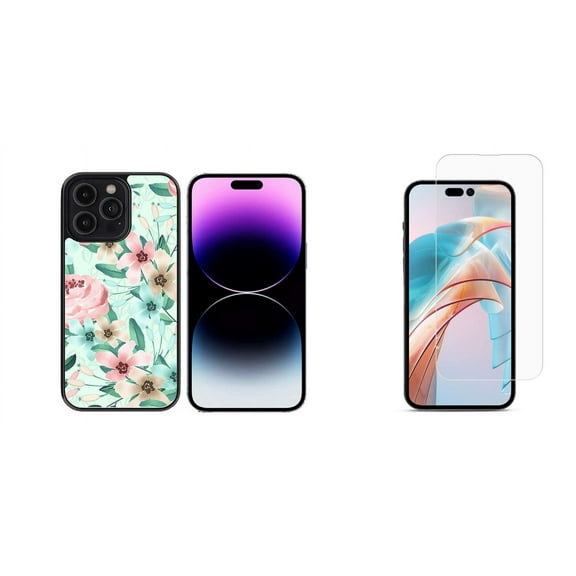 Bemz Phone Case for iPhone 15 Pro Max with Tempered Glass Screen Protector, Lightweight Shockproof Scratch Resistant UV Print Protective TPU Cover (Watercolor Teal Floral)