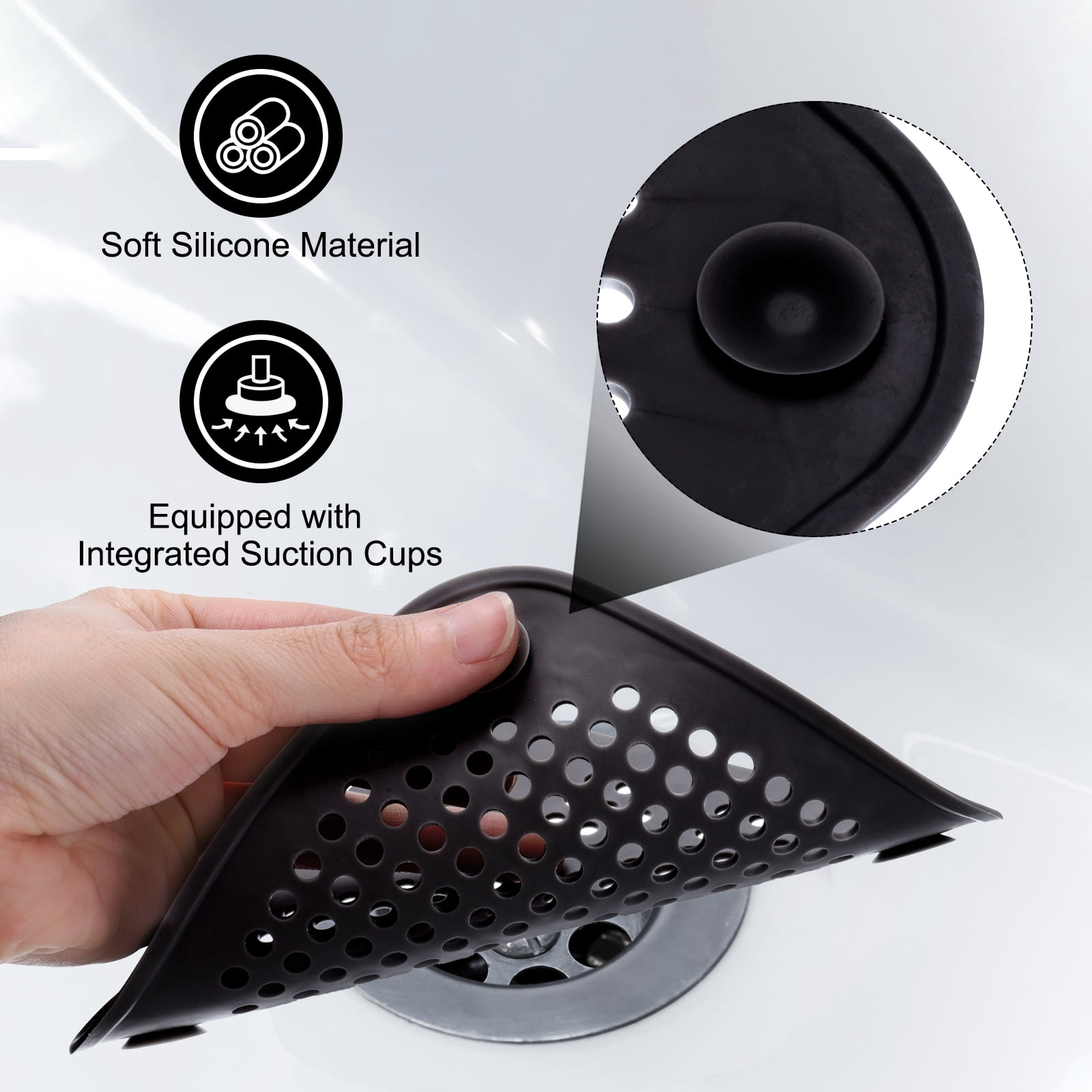 Unique Bargains Durable Shower Drain Hair Catcher Silicone Strainer 5.7" Black 2Pcs