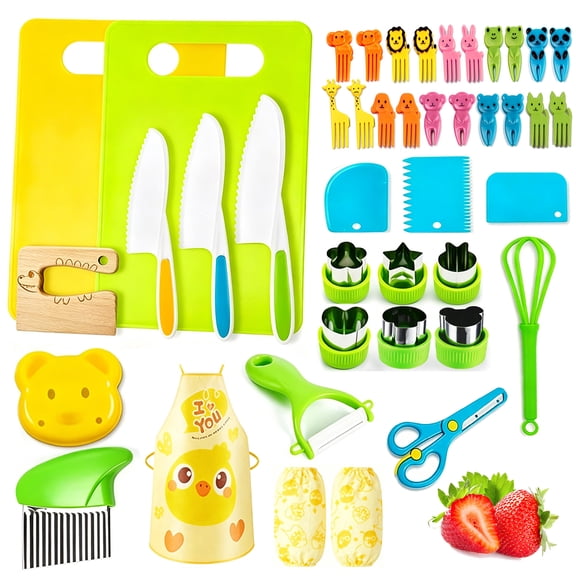 Kids Kitchen Tools,42 Pieces Kids Cooking Sets Real-Montessori Cooking Set for Toddlers Chef with Children Safe Knives Cutting Set for Kids Kitchen Gifts for Boys and Girls 3 4 5 6 7 8 9……(42PCS)