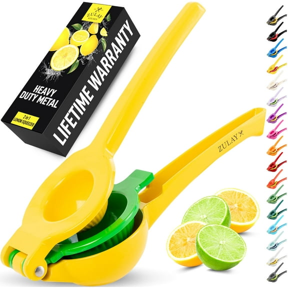 Zulay Kitchen Metal 2-in-1 Lemon Squeezer - Sturdy Max Extraction Hand Juicer Lemon Squeezer Gets Every Last Drop - Easy to Clean Manual Citrus Juicer - Easy-Use Lemon Juicer Squeezer - Yellow/Green