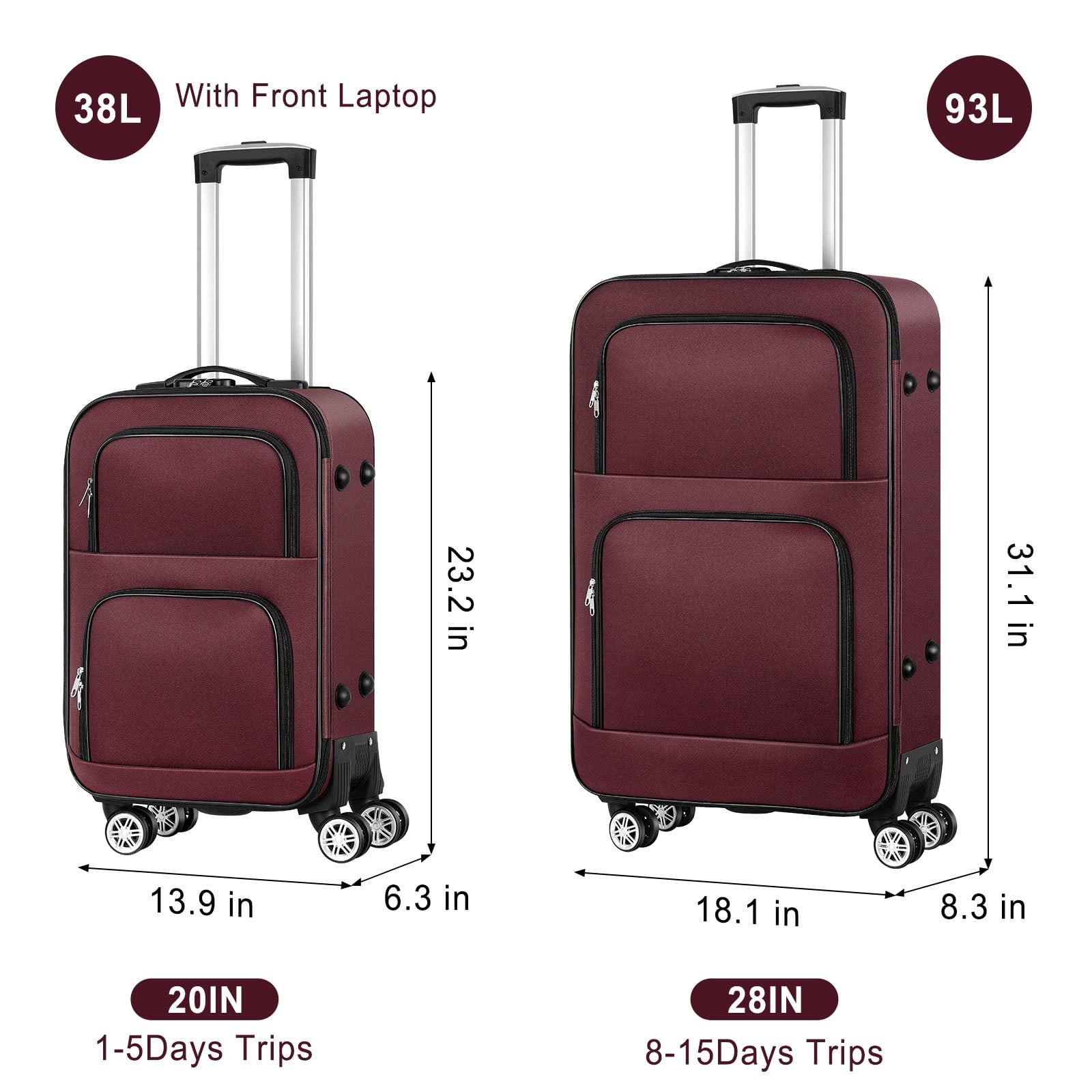 Soft-sided Fabric Luggage Roller Luggage Lightweight 20" Red