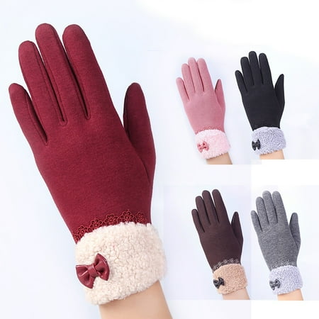 - EFINNY Women Leather Winter Warm Bow Lace Elegant Screen Sensor Gloves