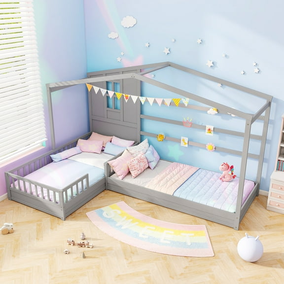 Gymax L-shaped Double Twin Beds House Platform Beds w/ Window & Fences ray Gray