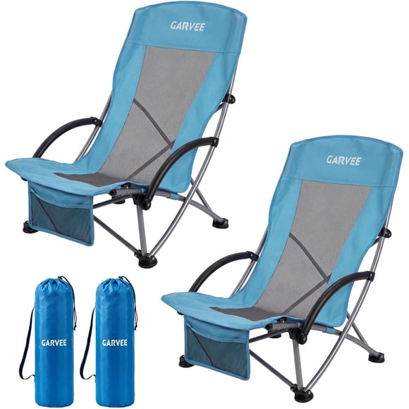 Garvee High Back Beach Chair, Set of 2, 28.2 x 23.5 x 32.3" with Cup Holder & Storage Pocket, Blue