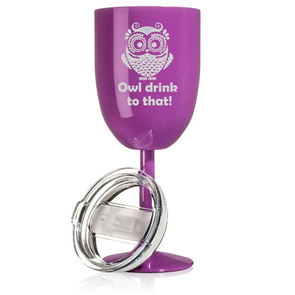 14 oz Double Wall Vacuum Insulated Stainless Steel Wine Tumbler Glass with Lid Funny Owl Drink To That (Purple)