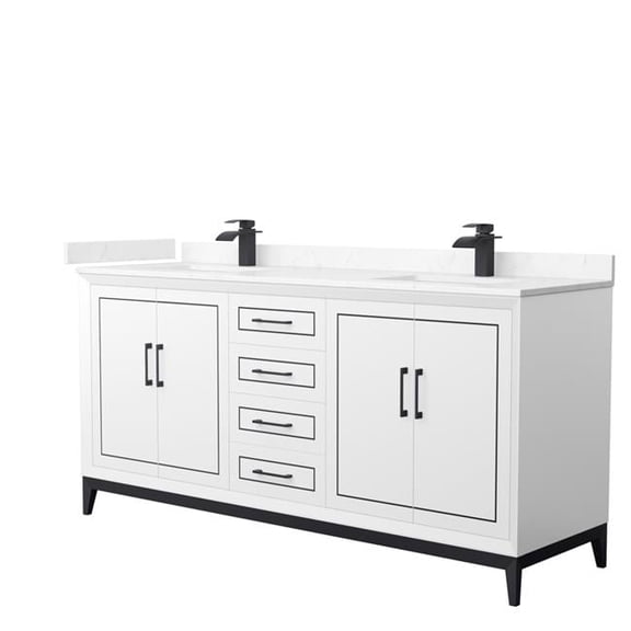 72 in. Marlena Double Bathroom Vanity with Carrara Cultured Marble Countertop, Undermount Square Sinks & Matte Black Trim - White