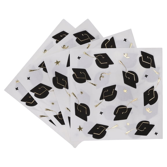 Black, Gold, and White Graduation Cap and Tassel Disposable Paper Lunch Napkins, 16 Count, Graduation by Way To Celebrate