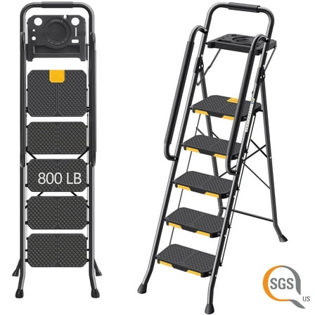 Kingrack 5 Step Folding Ladder for Adults, 800lbs Sturdy Steel  Stool Ladder with Anti-Slip Pedal&Handrail&Tool Tray for Home Kitchen Office