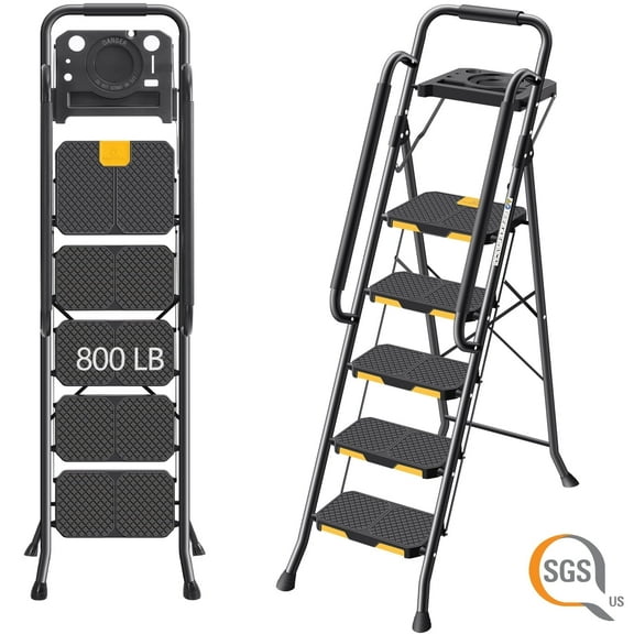 Kingrack 5 Step Folding Ladder for Adults, 800lbs Sturdy Steel  Stool Ladder with Anti-Slip Pedal&Handrail&Tool Tray for Home Kitchen Office