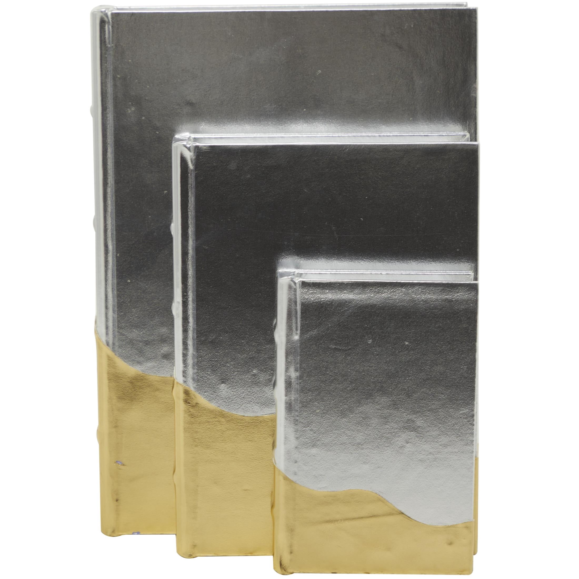 CosmoLiving by Cosmopolitan Metallic Faux Book Storage Silver Faux Leather Decorative Box with Wavy Gold Design, 3 Count