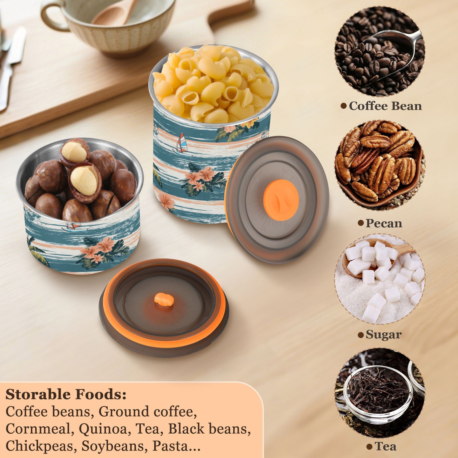 Sailboat Flower Stripes Airtight Coffee Bean Canister 30oz Food Storage Containers with Lids For Gournd, Tea, Sugar, Flour, Rice, Cereal, Candy Cookie Jar