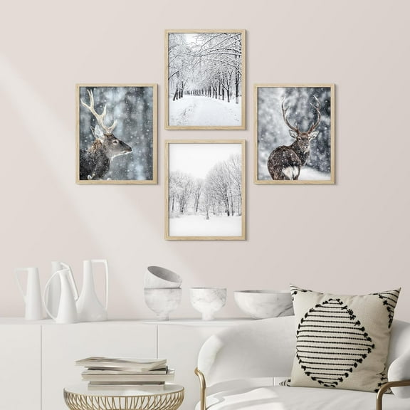 PixonSign Framed Wall Art Deer Birch Forest Tree, Set of 4 Nature Winter Snow Landscape Wall Decor Arts, Photography Wall Décor, Adhesive Canvas Posters, Modern Home Artwork - 11"x14" Natural