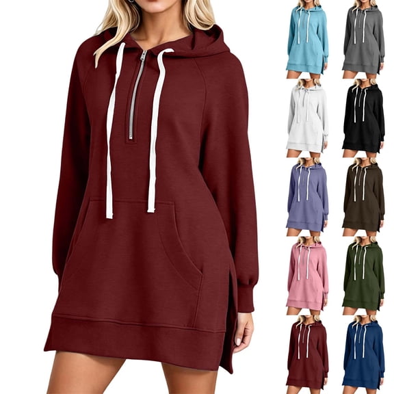 XUNKUSGA Womens Long Hoodie Fashion Half Zip Split Hem Hoodie Dress for Women Casual Solid Color Long Sleeve Oversized Hooded Sweatshirts Dress with Pocket S
