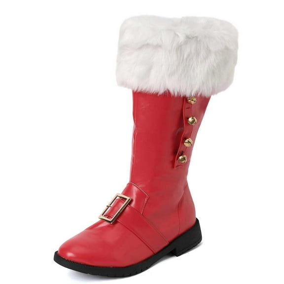 Christmas Santa C`laus Boots Men's Wide Calf Santa C`ombat Boots with White Plush C`uffs Foot Bells Buckle Strap for Halloween Christmas