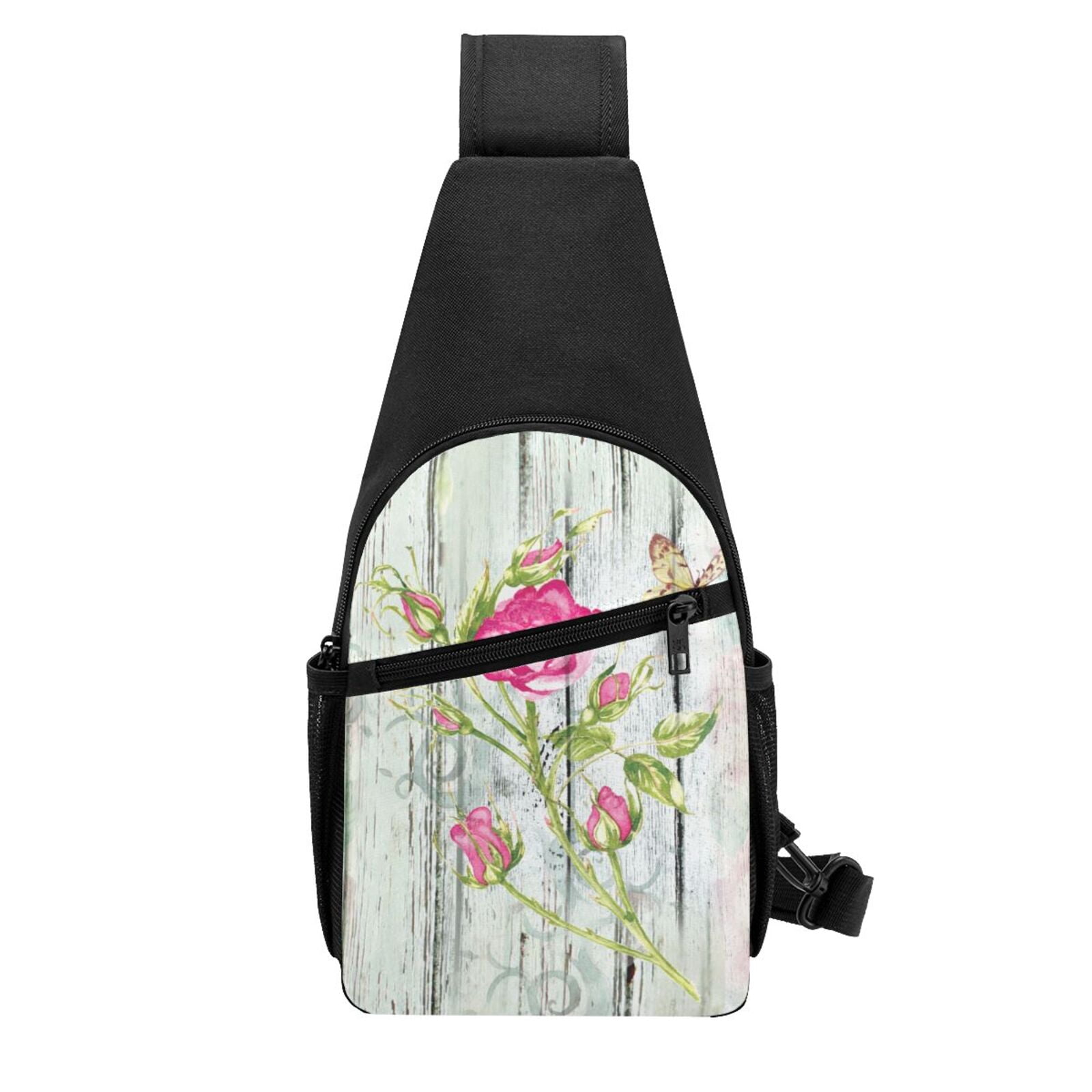 Xecao's Vintage Wood Background with Floral Print Sling Bag: A Versatile Chest, Shoulder, and Crossbody Backpack for Casual Days Out, Perfect for Both Men and Women