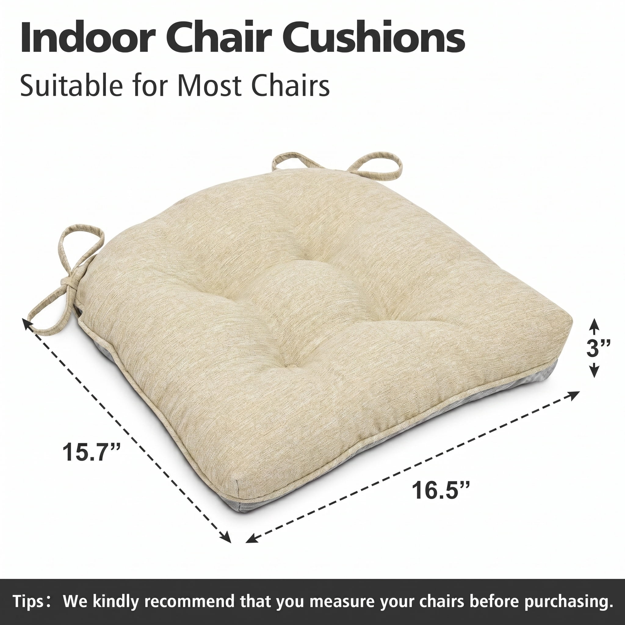 Shinnwa Chair Cushions for Kitchen Chairs Memory Foam Tufted Dining Chair Pads with Ties Non Slip Seat Cushions, Set of 4, Beige