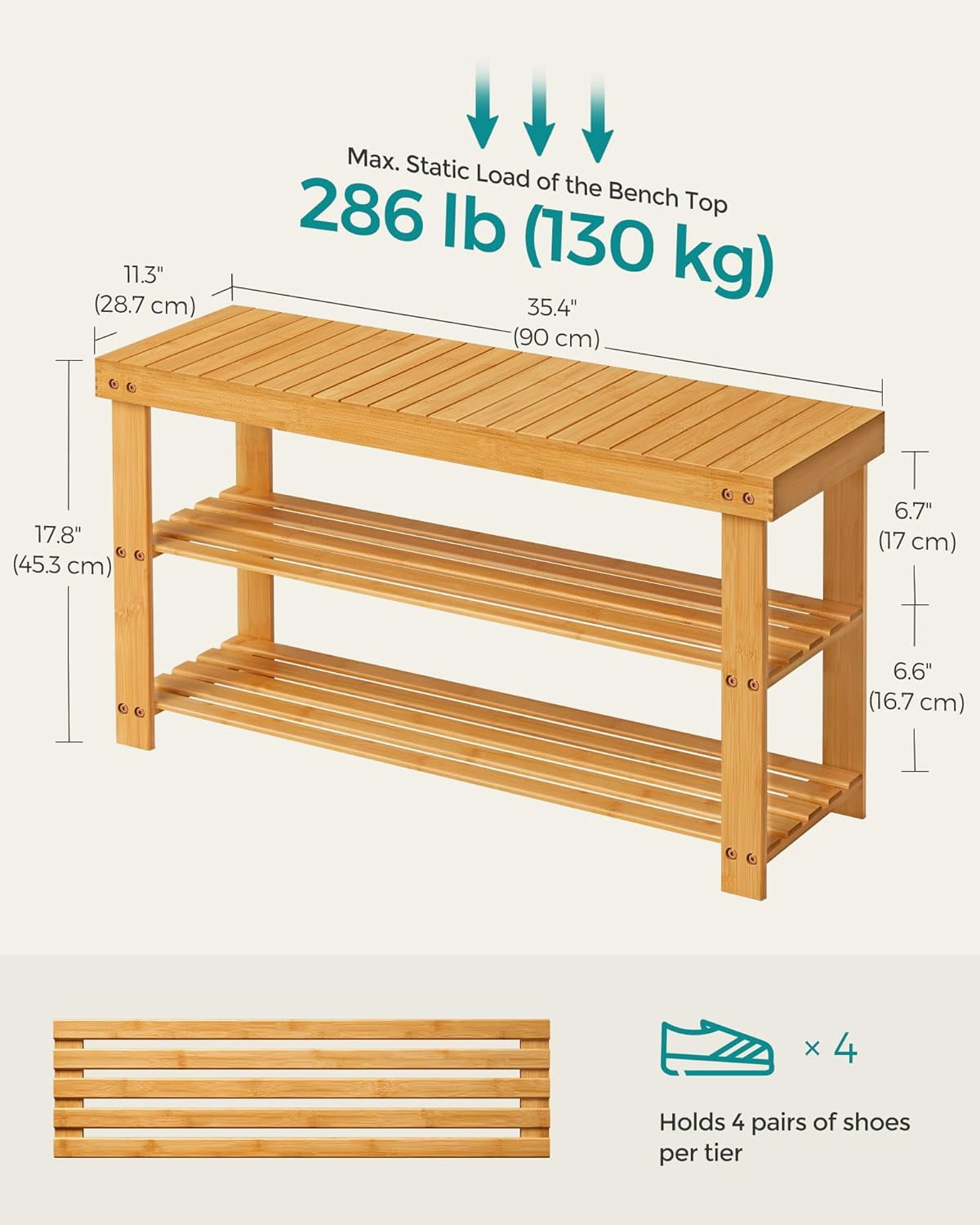 3-Tier Shoe Rack Bench, Hallway Bamboo Organizer, Home Storage Shelf with Holds 286 lb, Natural