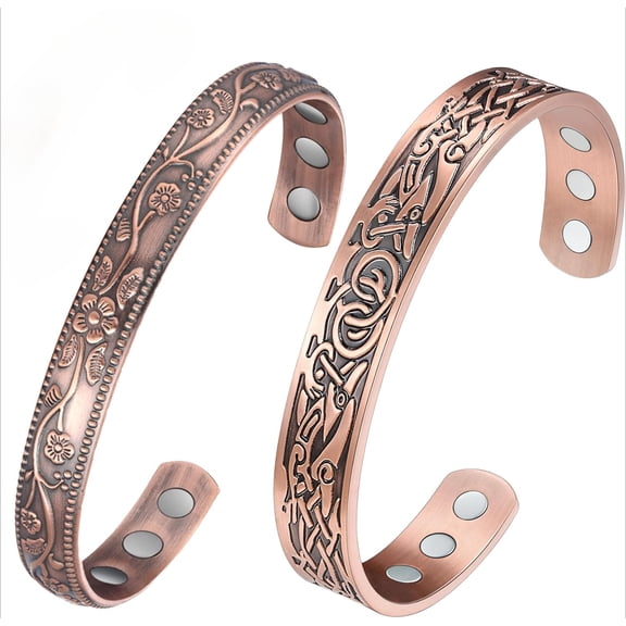 Wollet 99.9% Pure Copper Magnetic Bracelet for Women, Cuff Bangles, Adjustable Copper Jewelry Set of 2