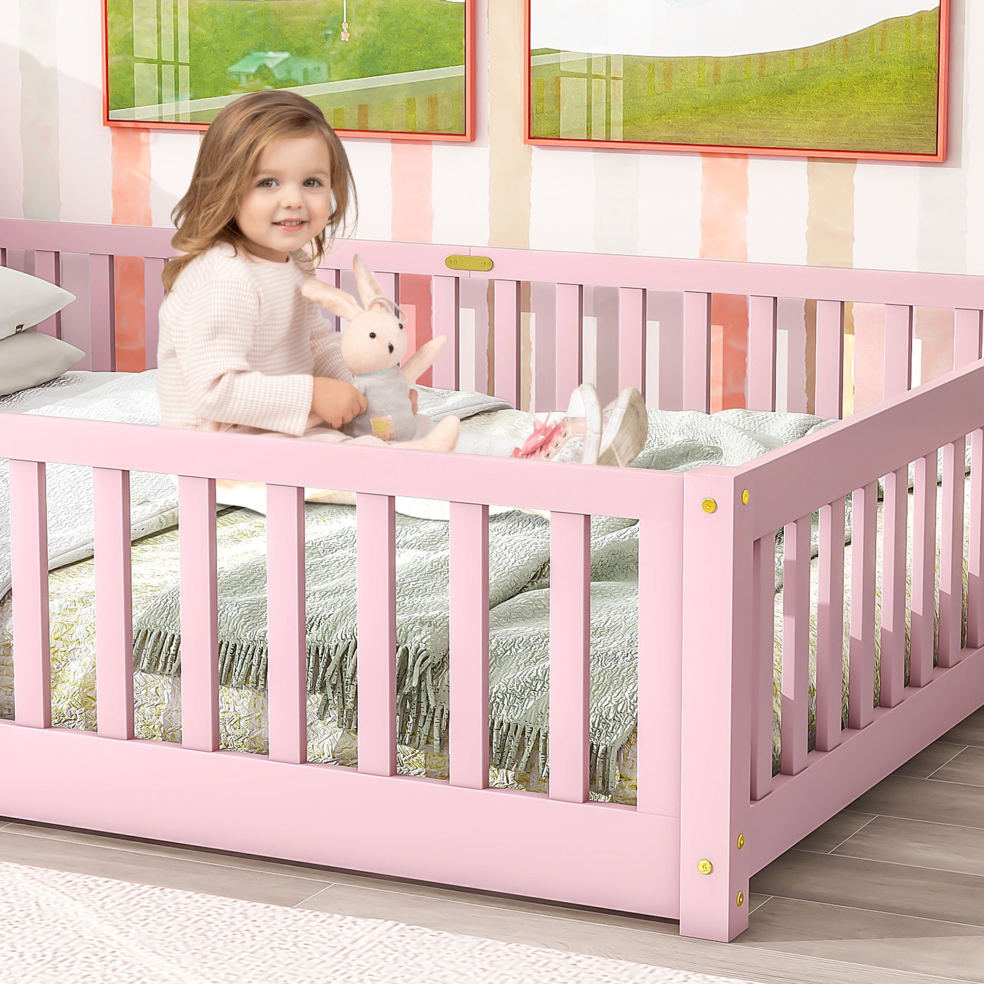 UHOMEPRO Queen Size Floor Bed with Door and Fence for Kids, Toddler Bed Montessori Floor Bed with Slats and Safety Guardrails, Solid Wood Queen Bed Frame for Girls Boys Kids Bedroom, Pink